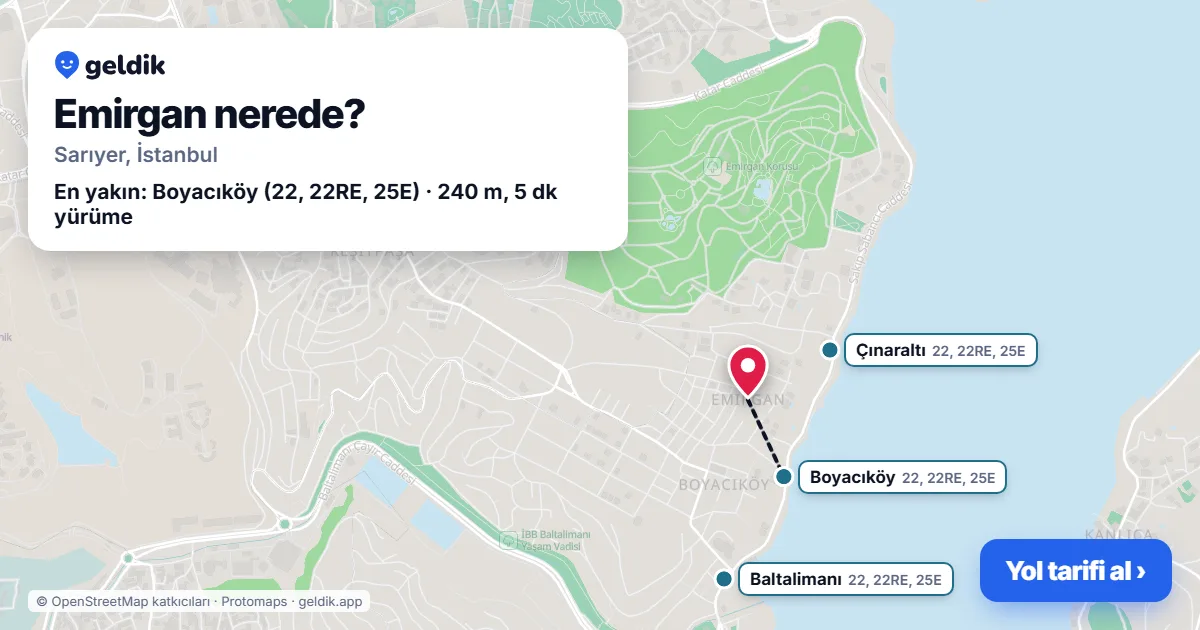 Emirgan nerede: haritada Emirgan (Sarıyer) ve en yakın otobüs durakları, yürüme süresiyle