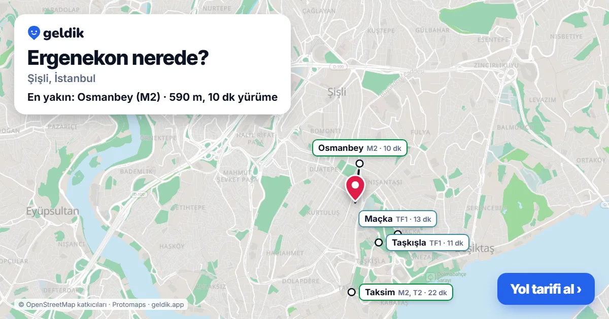 Ergenekon nerede: haritada Ergenekon (Şişli) ve en yakın istasyonlar, yürüme süresiyle