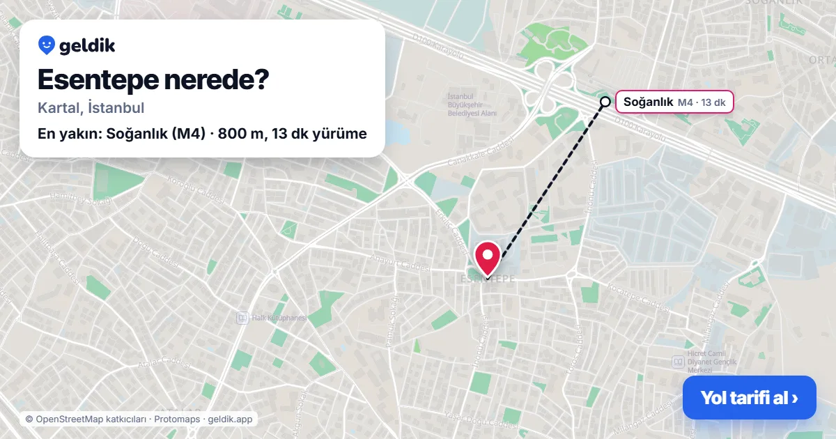Esentepe nerede: haritada Esentepe (Kartal) ve en yakın istasyonlar, yürüme süresiyle