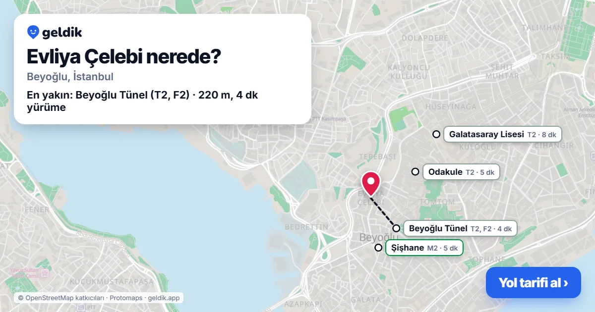 Evliya Çelebi nerede: haritada Evliya Çelebi (Beyoğlu) ve en yakın istasyonlar, yürüme süresiyle