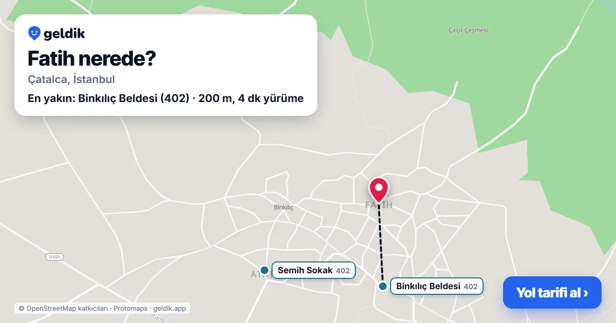 Fatih nerede: haritada Fatih (Çatalca) ve en yakın otobüs durakları, yürüme süresiyle