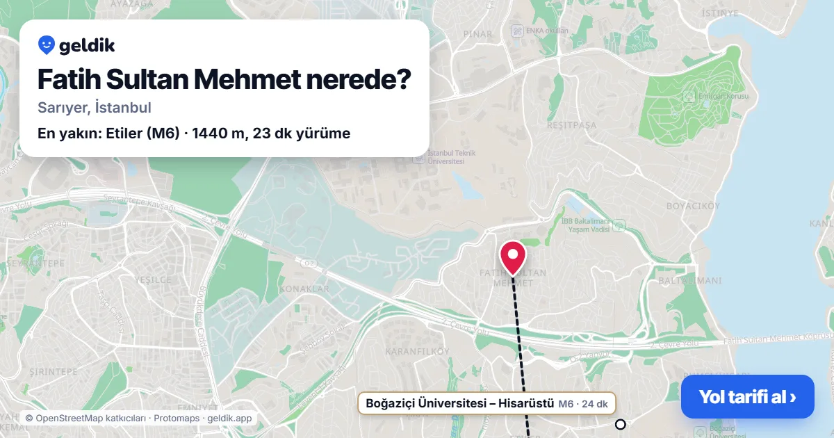 Fatih Sultan Mehmet nerede: haritada Fatih Sultan Mehmet (Sarıyer) ve en yakın istasyonlar, yürüme süresiyle