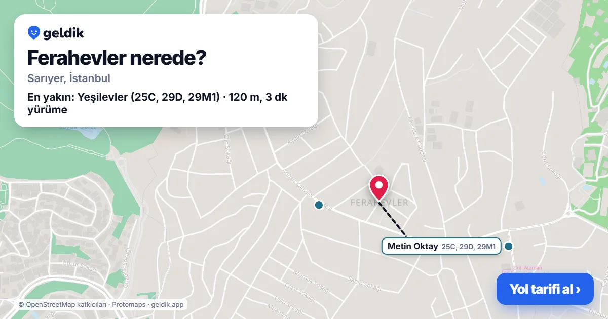 Ferahevler nerede: haritada Ferahevler (Sarıyer) ve en yakın otobüs durakları, yürüme süresiyle