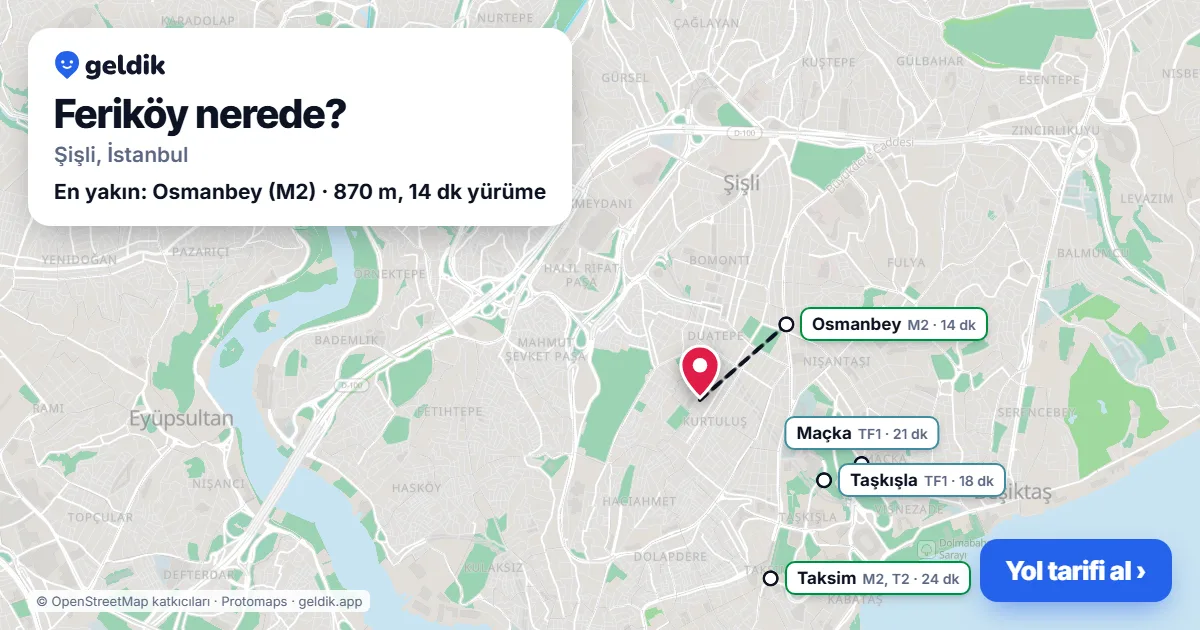 Feriköy nerede: haritada Feriköy (Şişli) ve en yakın istasyonlar, yürüme süresiyle