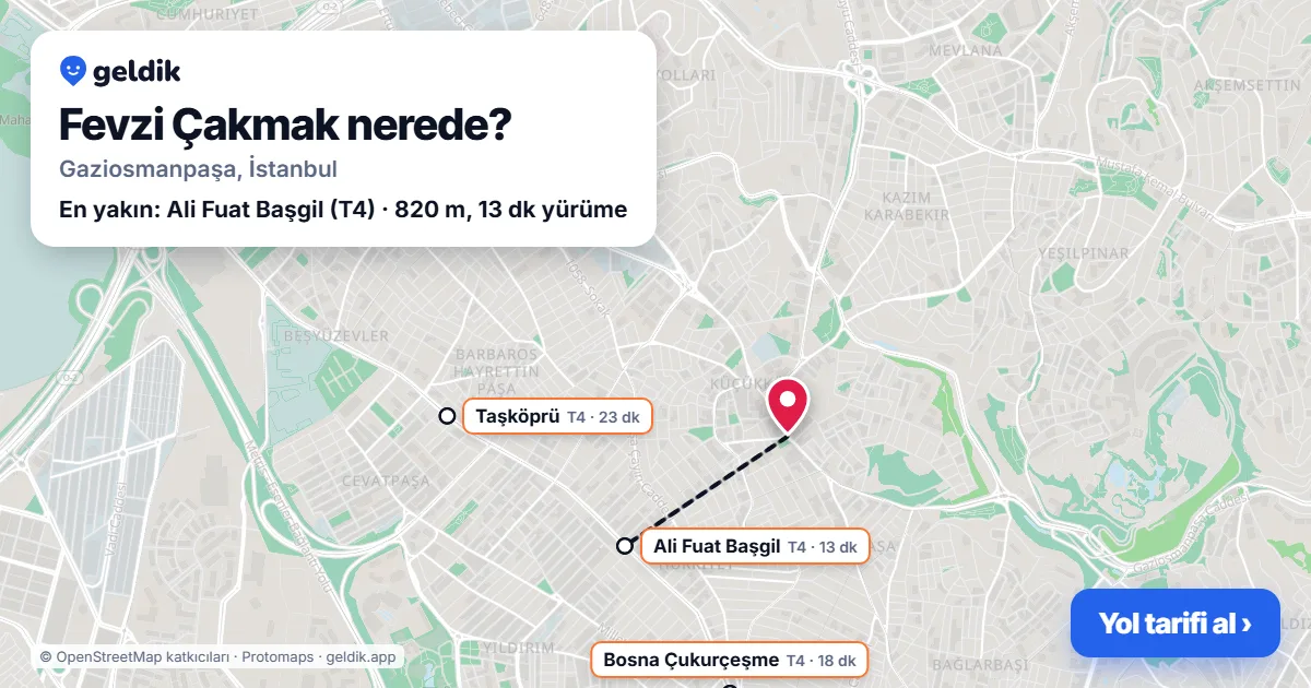 Fevzi Çakmak nerede: haritada Fevzi Çakmak (Gaziosmanpaşa) ve en yakın istasyonlar, yürüme süresiyle