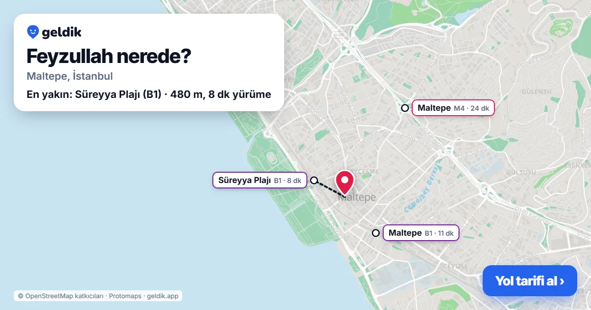 Feyzullah nerede: haritada Feyzullah (Maltepe) ve en yakın istasyonlar, yürüme süresiyle