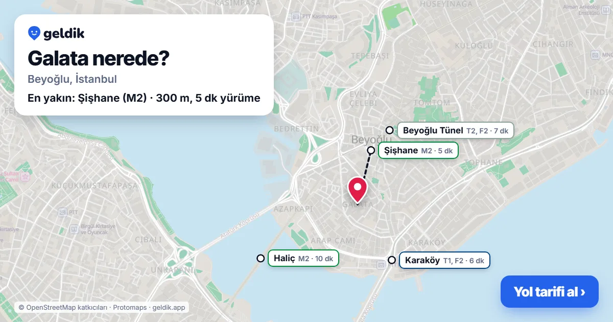 Galata nerede: haritada Galata (Beyoğlu) ve en yakın istasyonlar, yürüme süresiyle