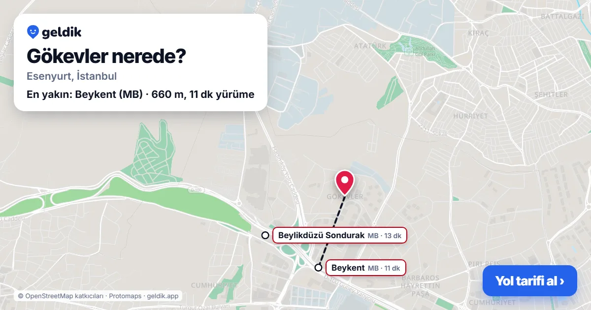 Gökevler nerede: haritada Gökevler (Esenyurt) ve en yakın istasyonlar, yürüme süresiyle