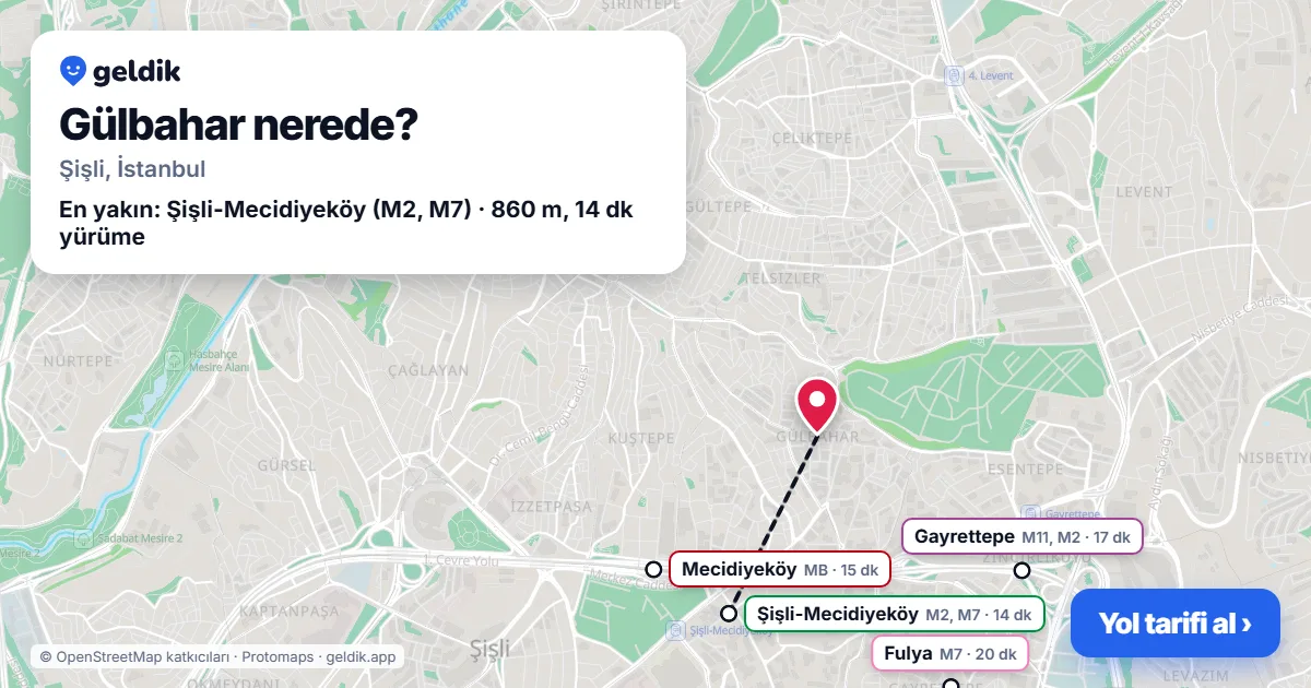 Gülbahar nerede: haritada Gülbahar (Şişli) ve en yakın istasyonlar, yürüme süresiyle