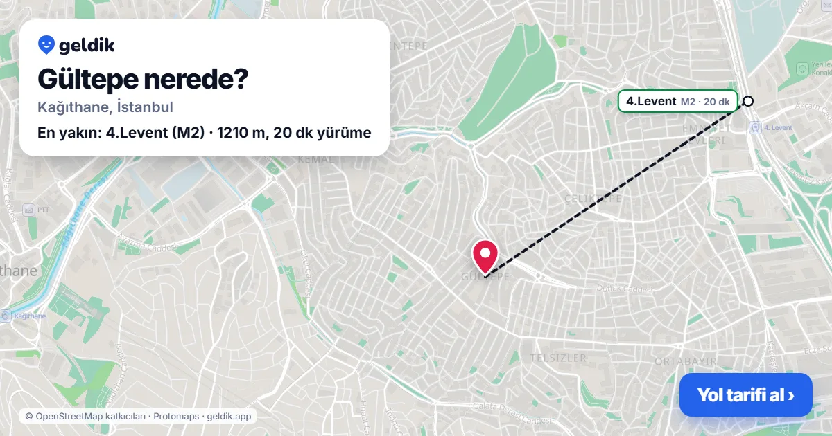 Gültepe nerede: haritada Gültepe (Kağıthane) ve en yakın istasyonlar, yürüme süresiyle
