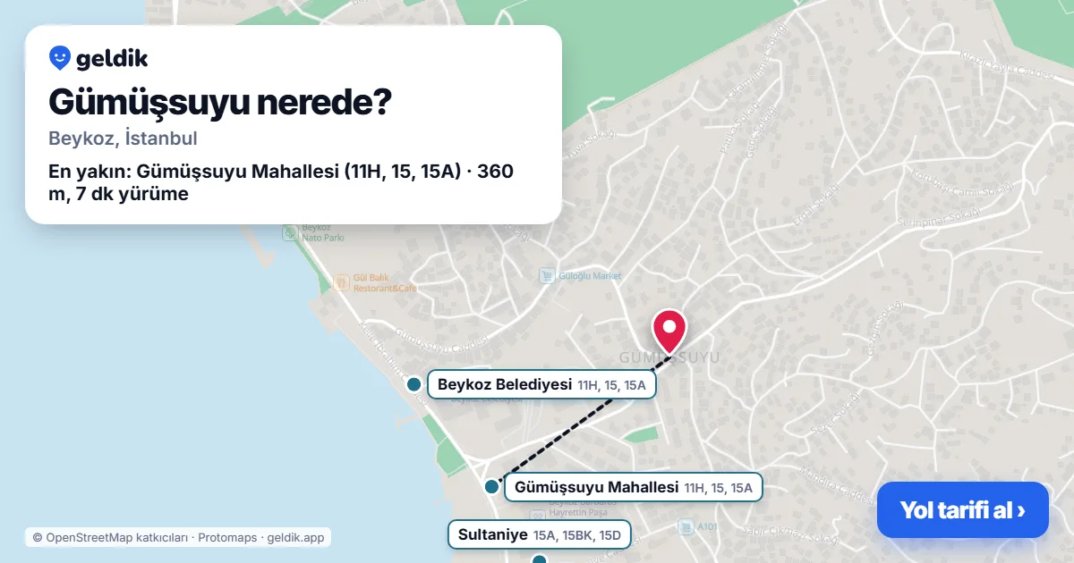 Gümüşsuyu nerede: haritada Gümüşsuyu (Beykoz) ve en yakın otobüs durakları, yürüme süresiyle