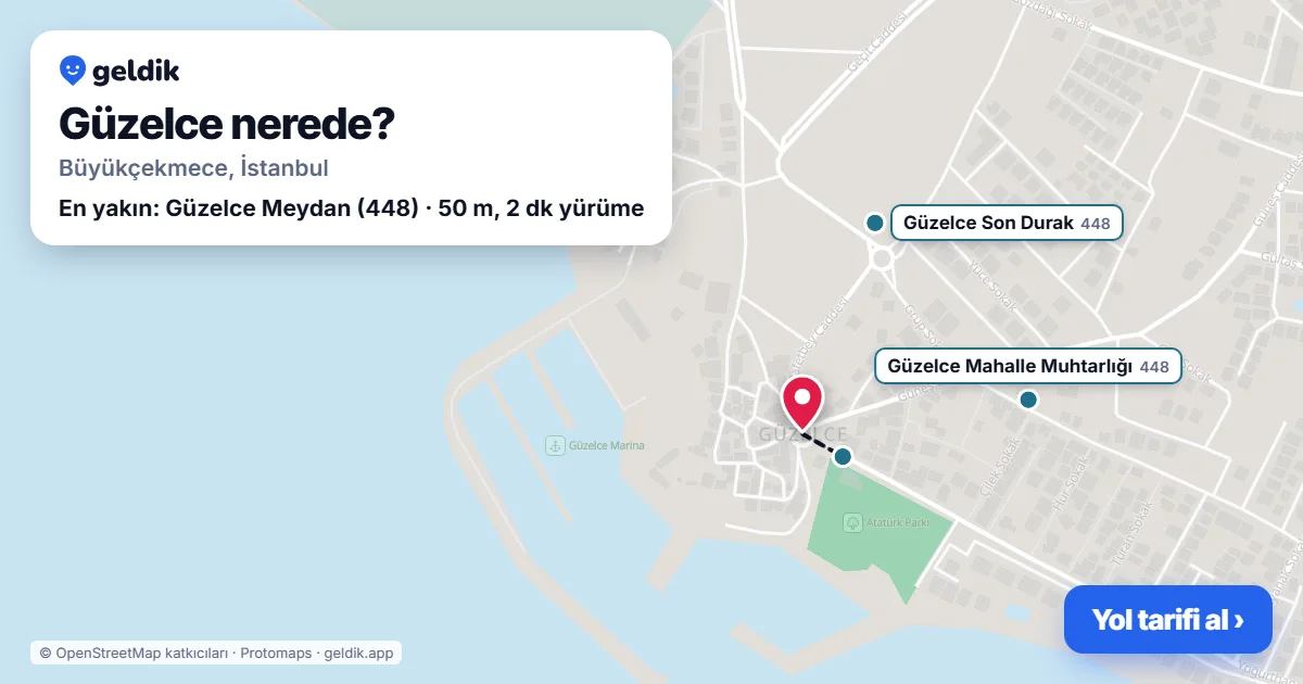 Güzelce nerede: haritada Güzelce (Büyükçekmece) ve en yakın otobüs durakları, yürüme süresiyle