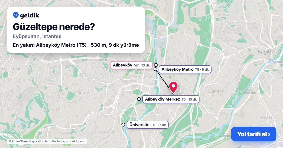 Güzeltepe nerede: haritada Güzeltepe (Eyüpsultan) ve en yakın istasyonlar, yürüme süresiyle