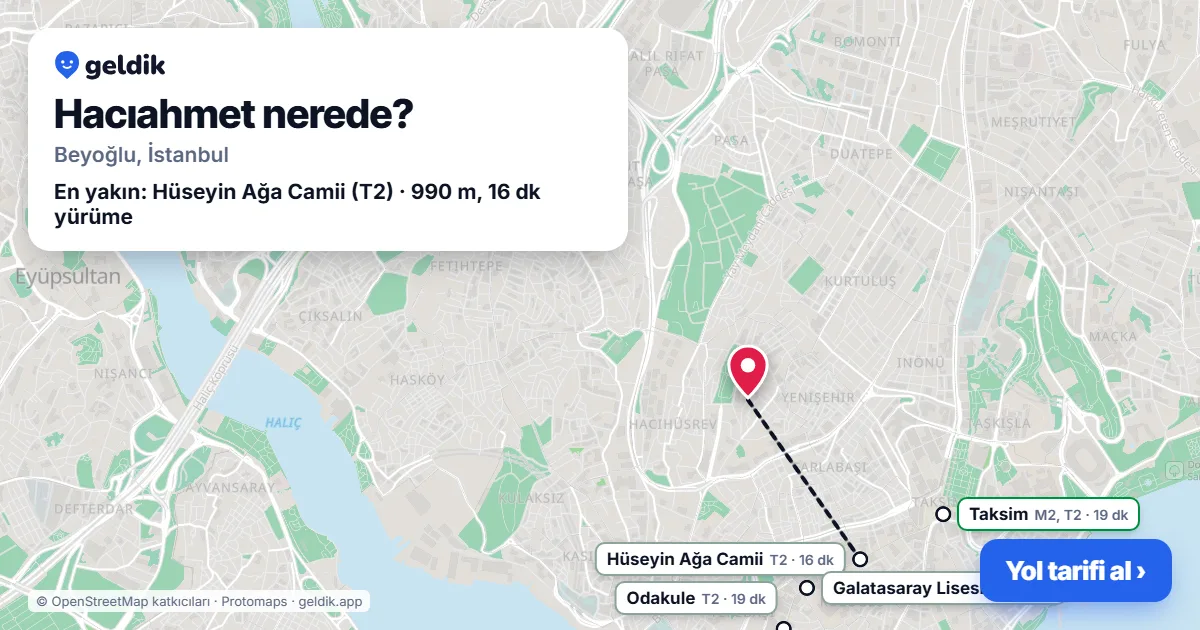 Hacıahmet nerede: haritada Hacıahmet (Beyoğlu) ve en yakın istasyonlar, yürüme süresiyle