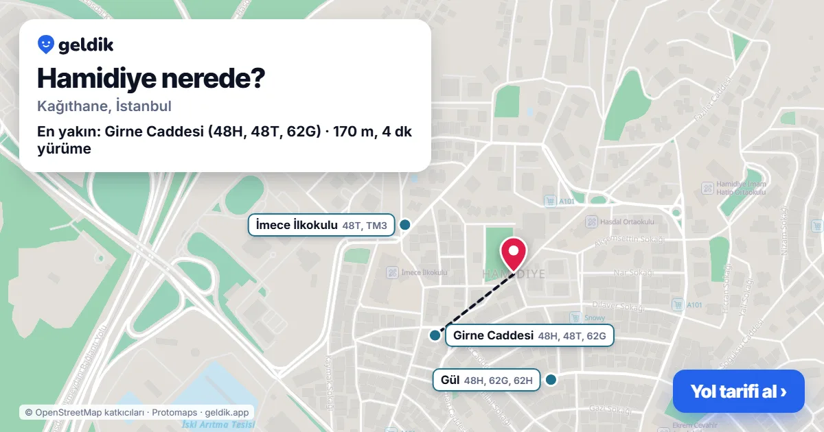 Hamidiye nerede: haritada Hamidiye (Kağıthane) ve en yakın otobüs durakları, yürüme süresiyle