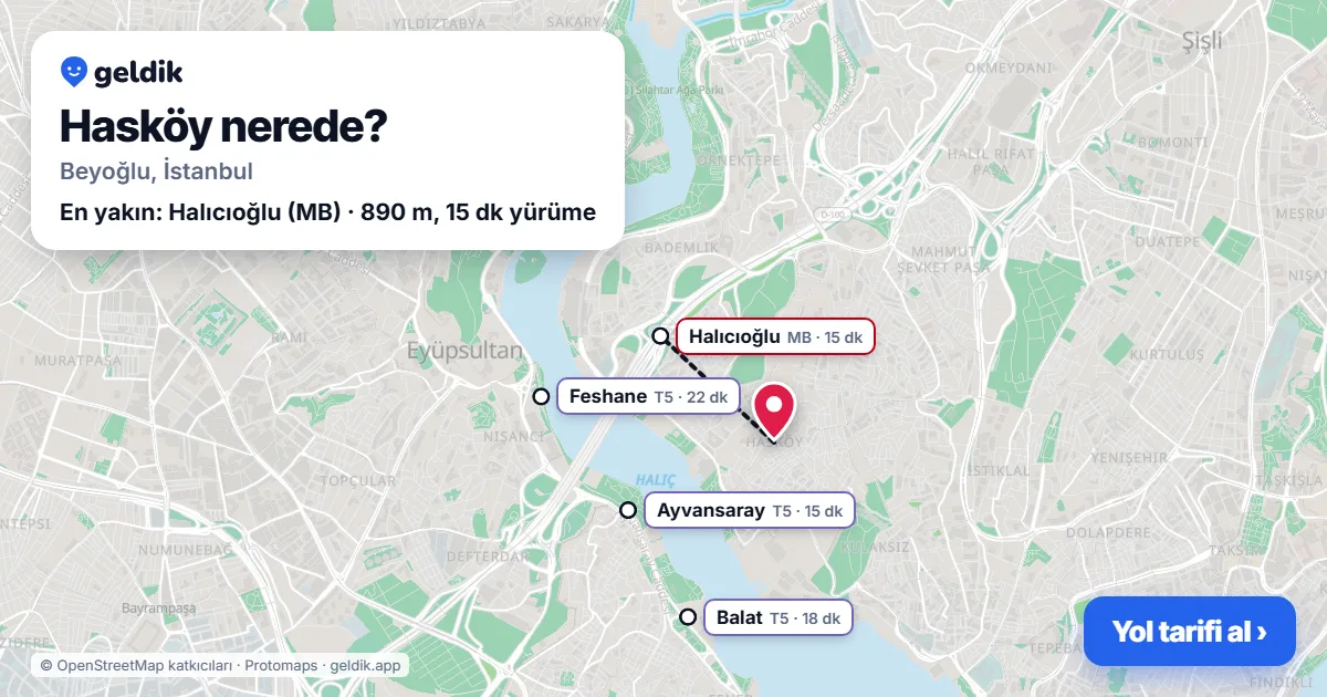 Hasköy nerede: haritada Hasköy (Beyoğlu) ve en yakın istasyonlar, yürüme süresiyle