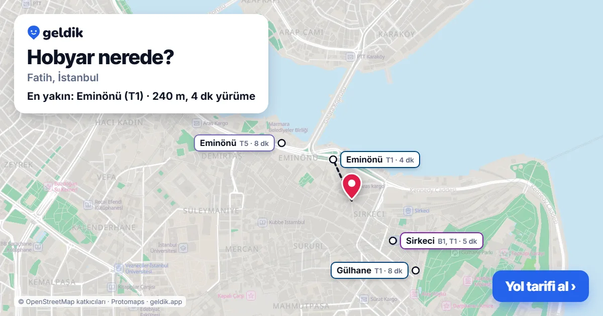 Hobyar nerede: haritada Hobyar (Fatih) ve en yakın istasyonlar, yürüme süresiyle