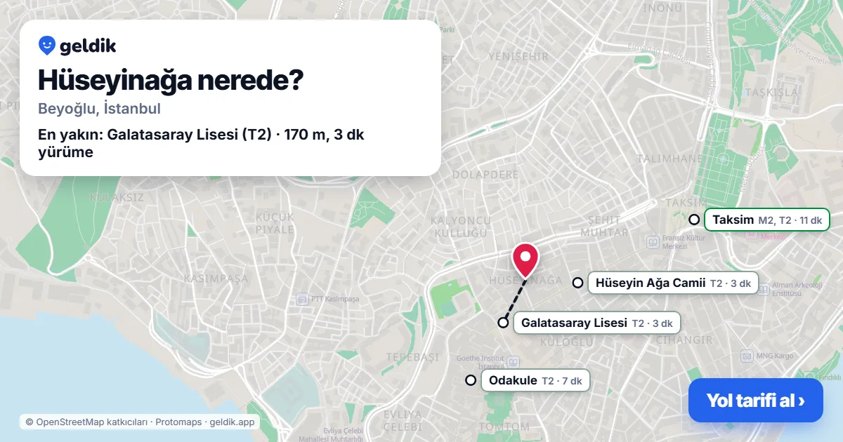 Hüseyinağa nerede: haritada Hüseyinağa (Beyoğlu) ve en yakın istasyonlar, yürüme süresiyle