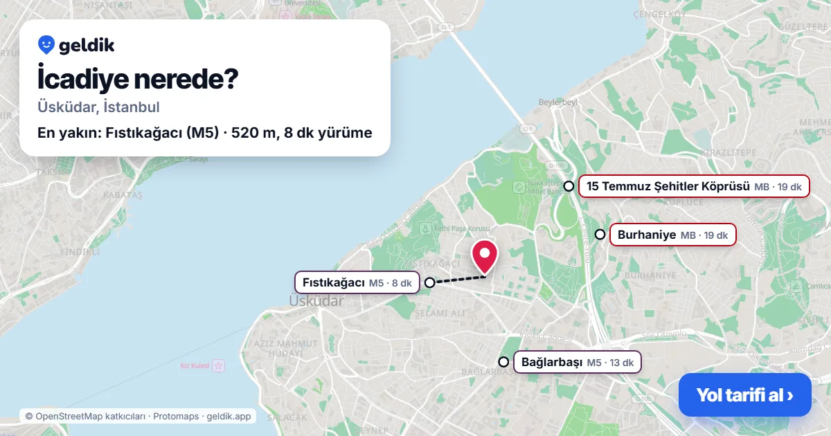 İcadiye nerede: haritada İcadiye (Üsküdar) ve en yakın istasyonlar, yürüme süresiyle