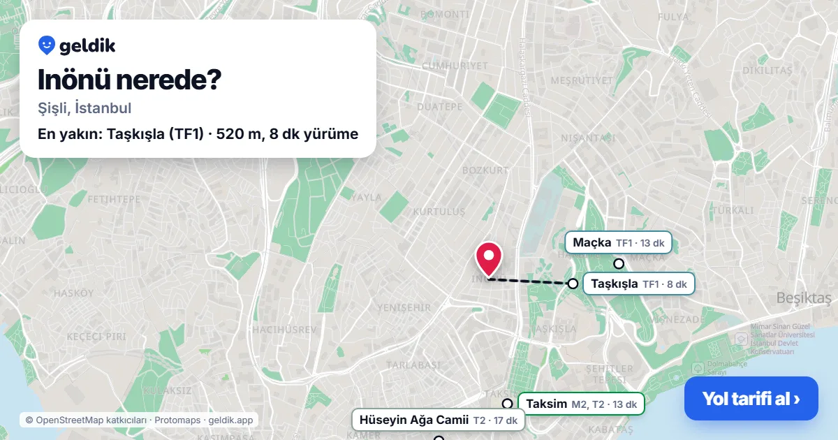 Inönü nerede: haritada Inönü (Şişli) ve en yakın istasyonlar, yürüme süresiyle