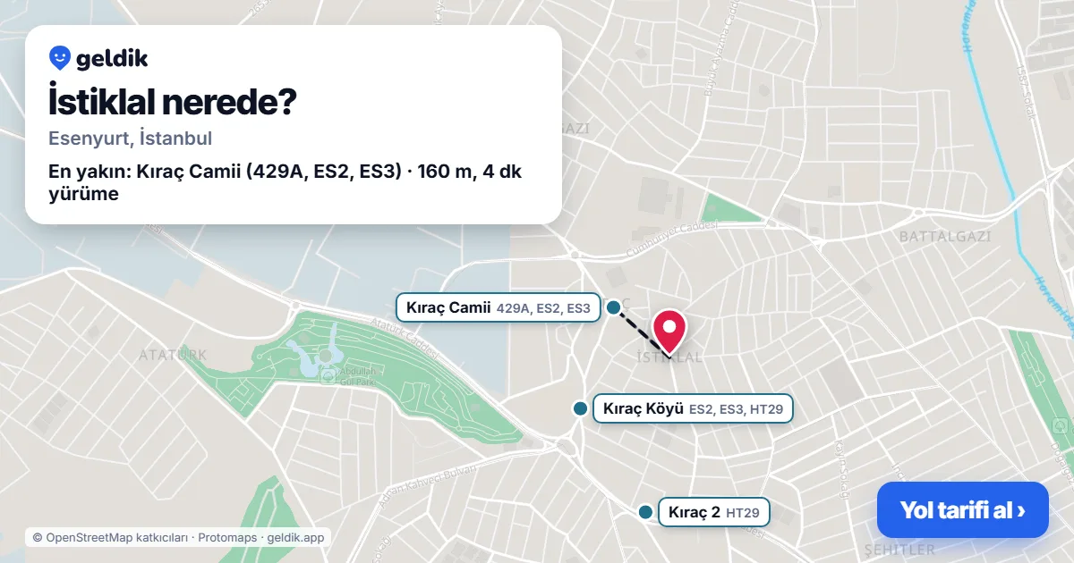 İstiklal nerede: haritada İstiklal (Esenyurt) ve en yakın otobüs durakları, yürüme süresiyle