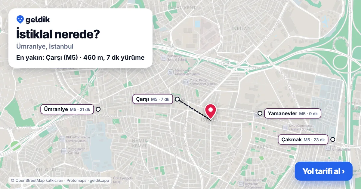 İstiklal nerede: haritada İstiklal (Ümraniye) ve en yakın istasyonlar, yürüme süresiyle