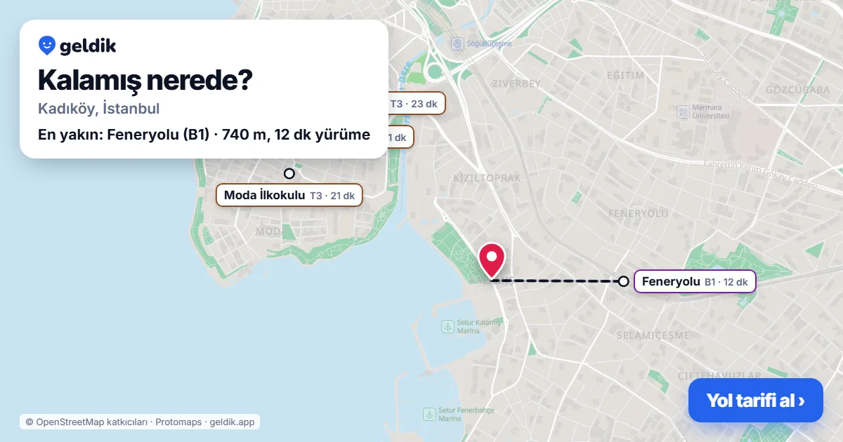 Kalamış nerede: haritada Kalamış (Kadıköy) ve en yakın istasyonlar, yürüme süresiyle