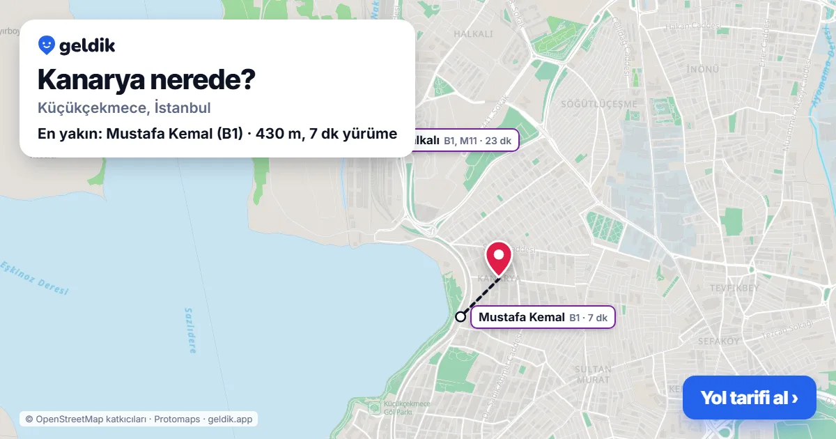 Kanarya nerede: haritada Kanarya (Küçükçekmece) ve en yakın istasyonlar, yürüme süresiyle