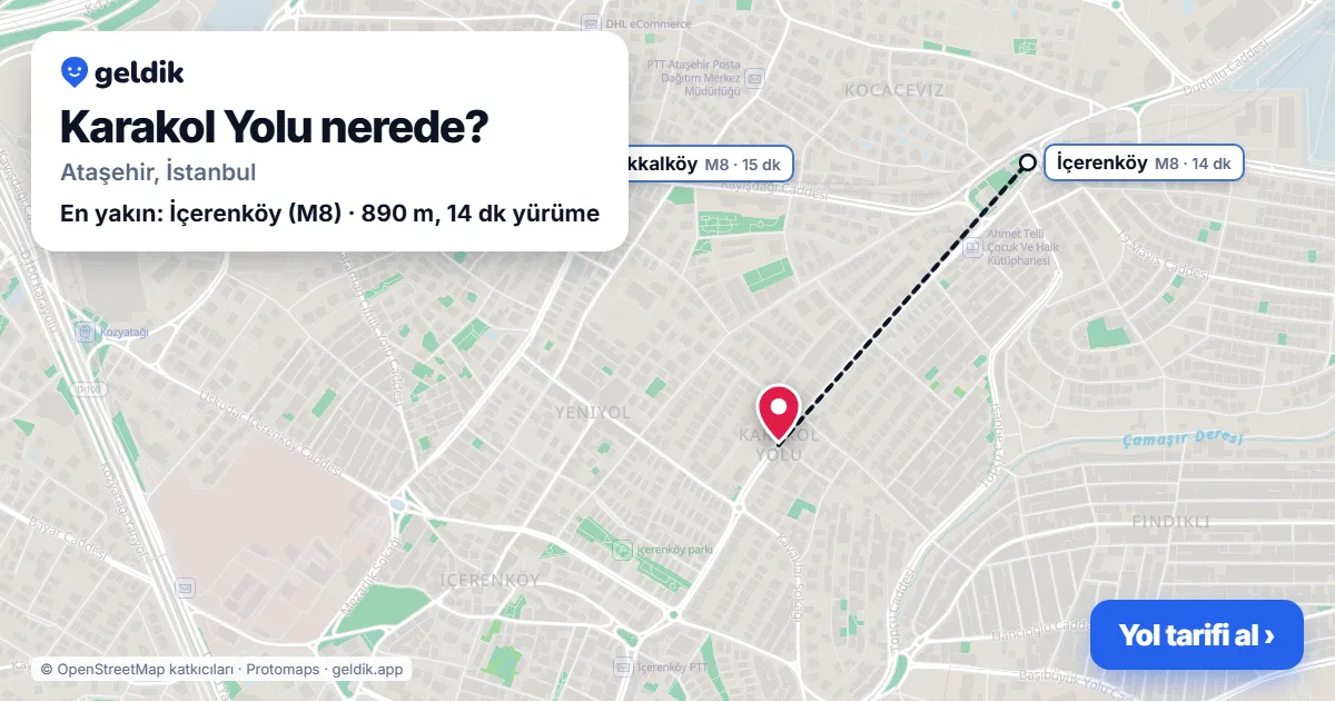 Karakol Yolu nerede: haritada Karakol Yolu (Ataşehir) ve en yakın istasyonlar, yürüme süresiyle