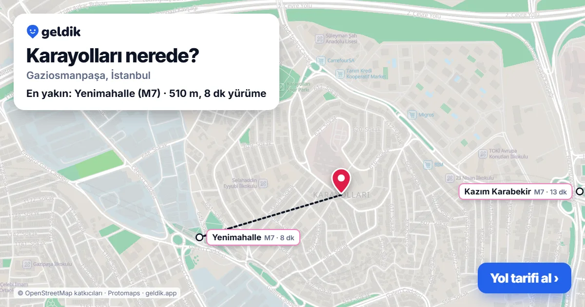 Karayolları nerede: haritada Karayolları (Gaziosmanpaşa) ve en yakın istasyonlar, yürüme süresiyle