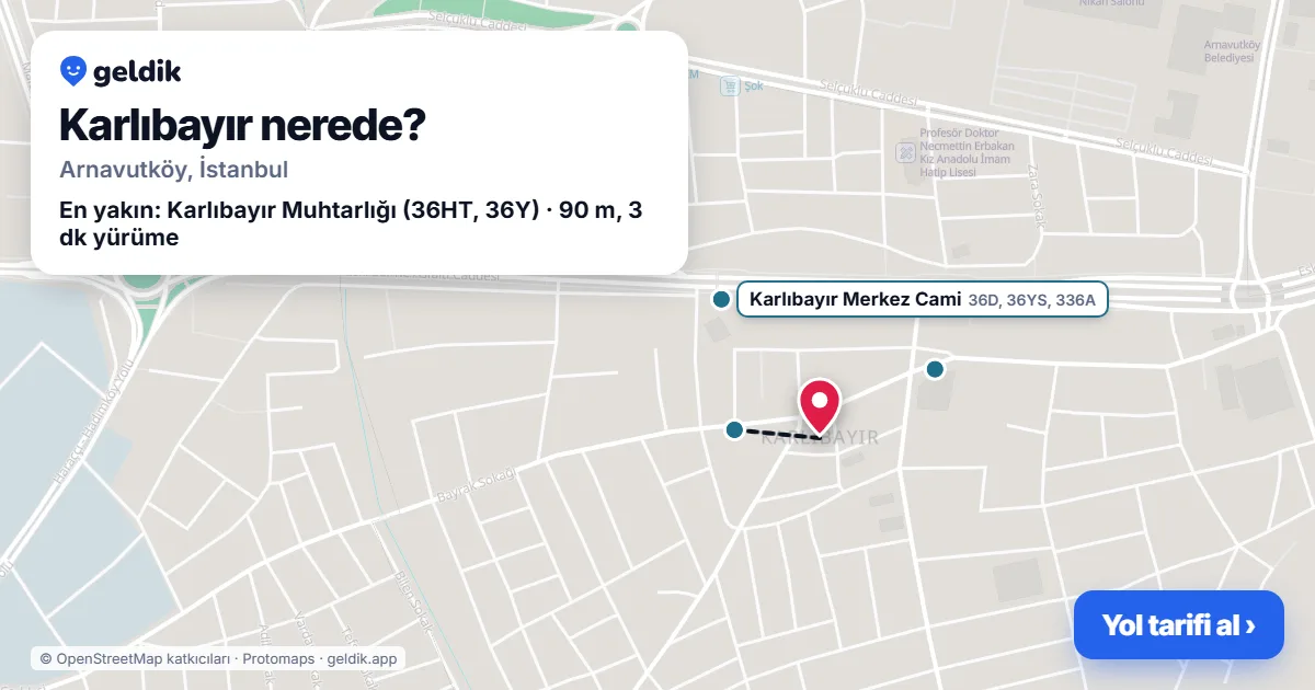Karlıbayır nerede: haritada Karlıbayır (Arnavutköy) ve en yakın otobüs durakları, yürüme süresiyle