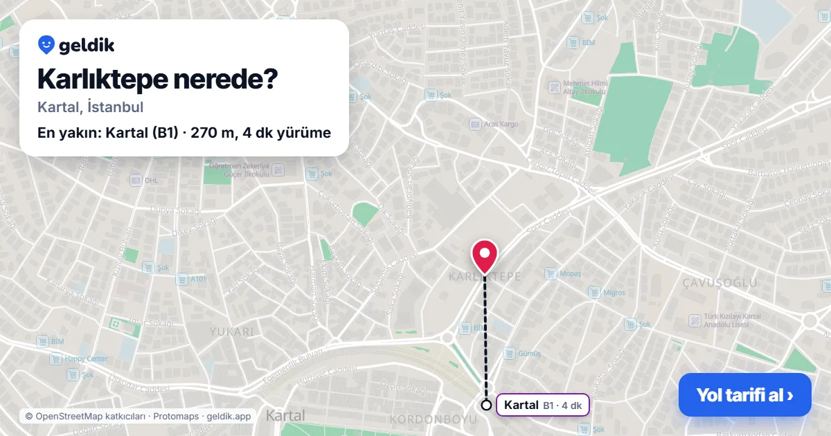 Karlıktepe nerede: haritada Karlıktepe (Kartal) ve en yakın istasyonlar, yürüme süresiyle