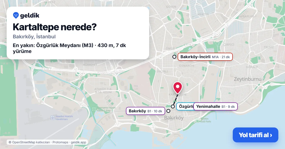 Kartaltepe nerede: haritada Kartaltepe (Bakırköy) ve en yakın istasyonlar, yürüme süresiyle
