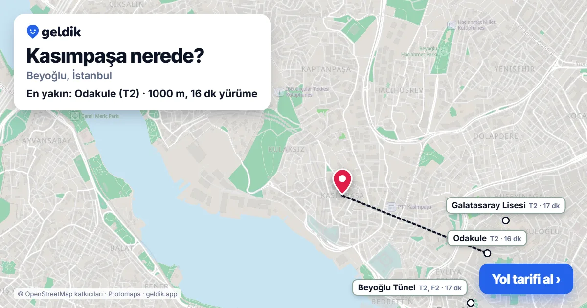Kasımpaşa nerede: haritada Kasımpaşa (Beyoğlu) ve en yakın istasyonlar, yürüme süresiyle