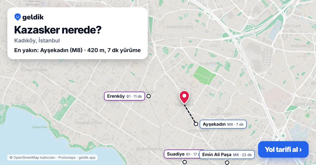 Kazasker nerede: haritada Kazasker (Kadıköy) ve en yakın istasyonlar, yürüme süresiyle