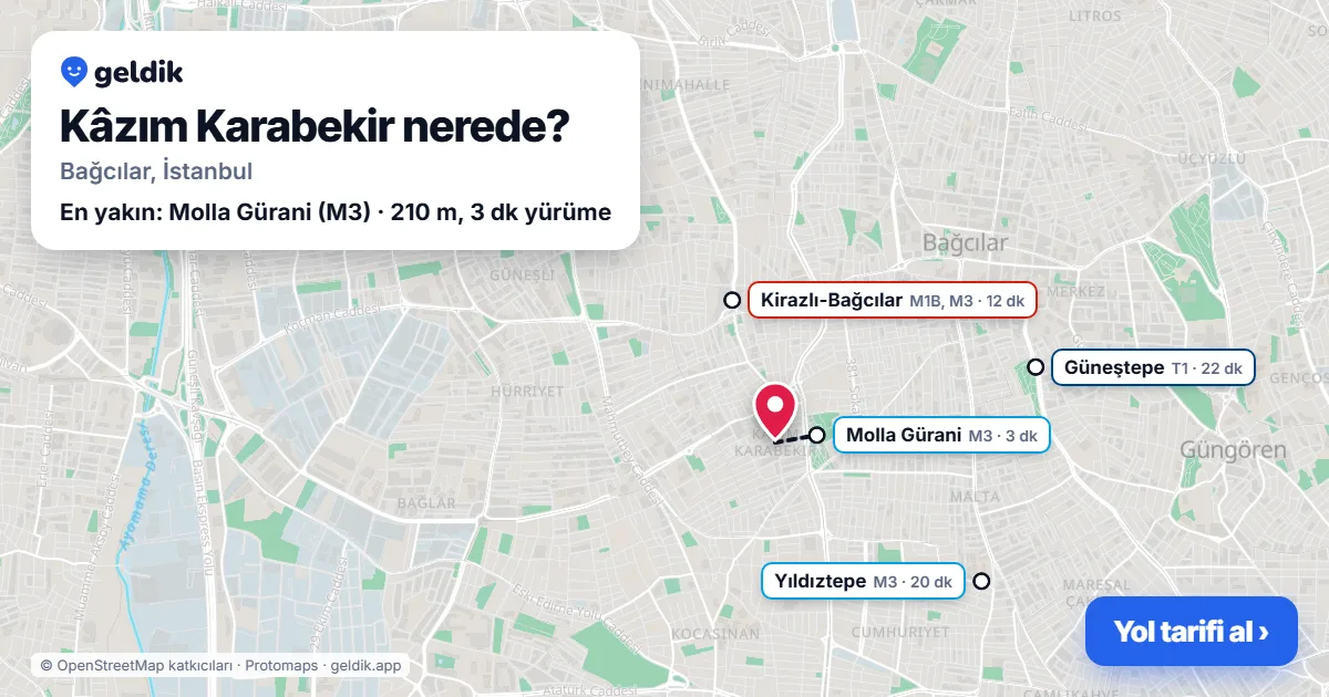 Kâzım Karabekir nerede: haritada Kâzım Karabekir (Bağcılar) ve en yakın istasyonlar, yürüme süresiyle