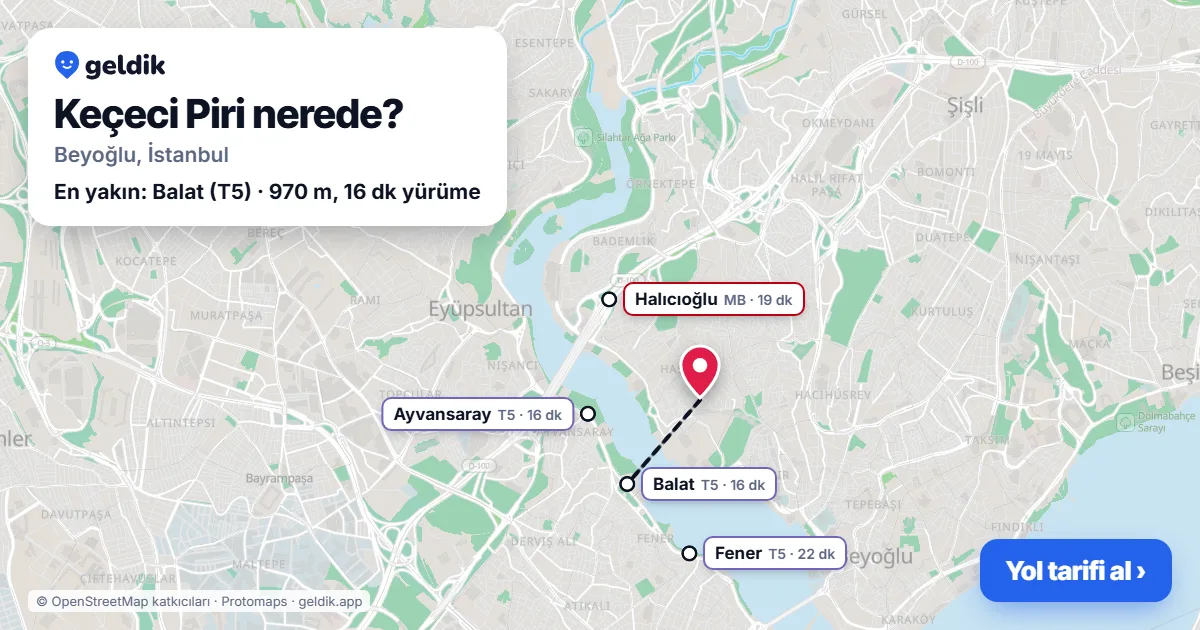 Keçeci Piri nerede: haritada Keçeci Piri (Beyoğlu) ve en yakın istasyonlar, yürüme süresiyle