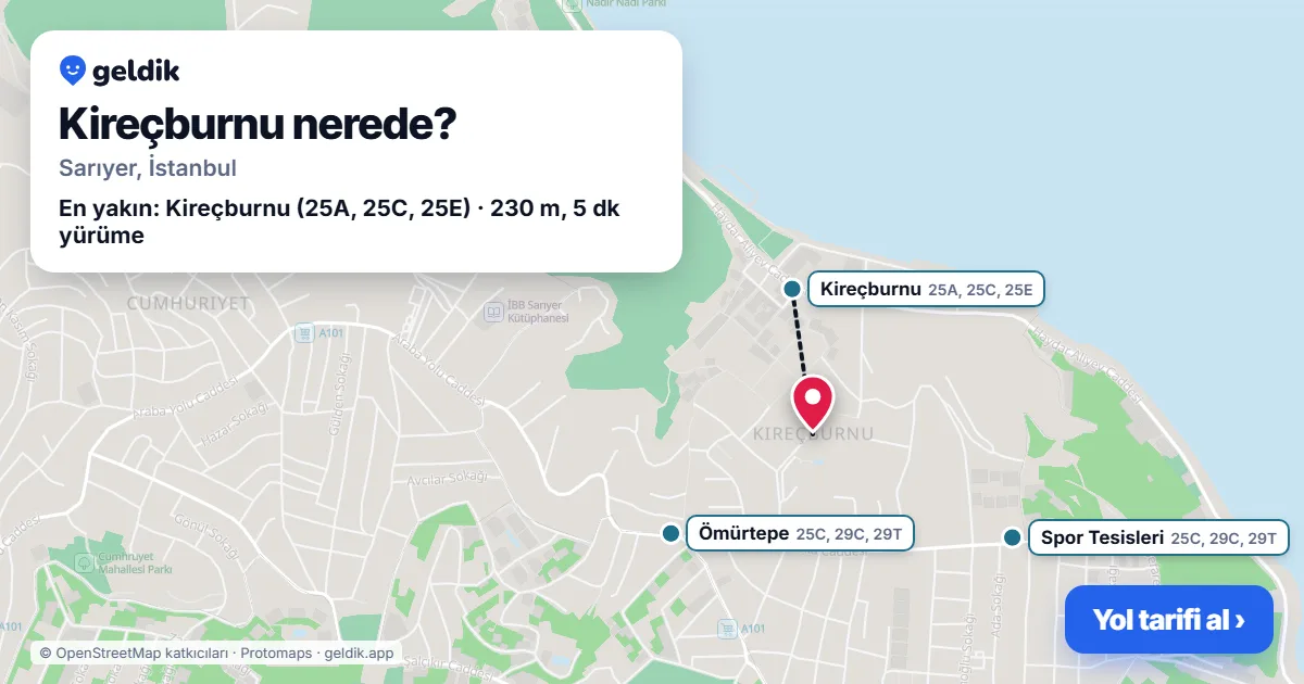 Kireçburnu nerede: haritada Kireçburnu (Sarıyer) ve en yakın otobüs durakları, yürüme süresiyle