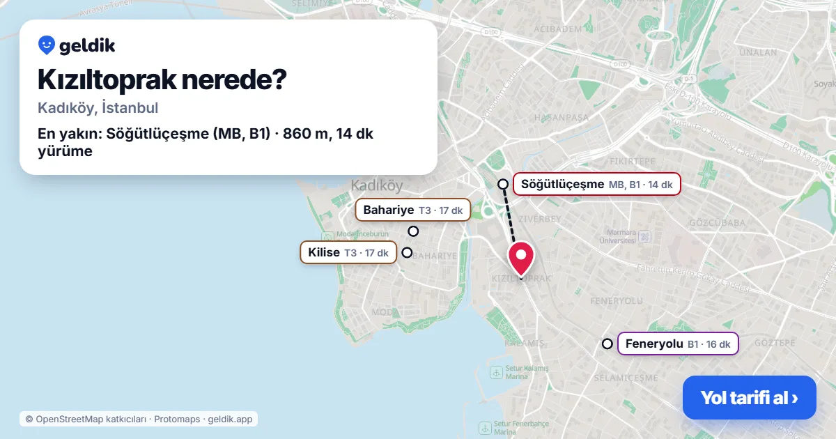 Kızıltoprak nerede: haritada Kızıltoprak (Kadıköy) ve en yakın istasyonlar, yürüme süresiyle