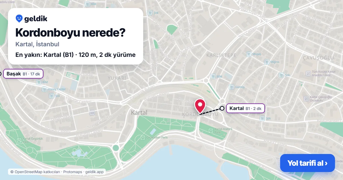 Kordonboyu nerede: haritada Kordonboyu (Kartal) ve en yakın istasyonlar, yürüme süresiyle