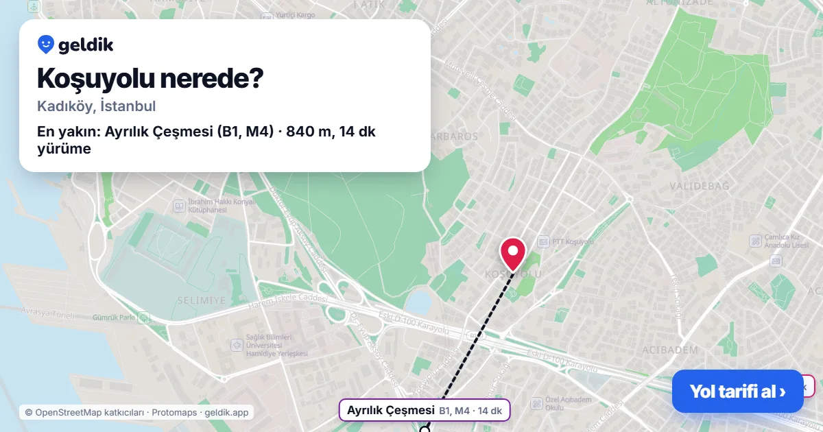 Koşuyolu nerede: haritada Koşuyolu (Kadıköy) ve en yakın istasyonlar, yürüme süresiyle