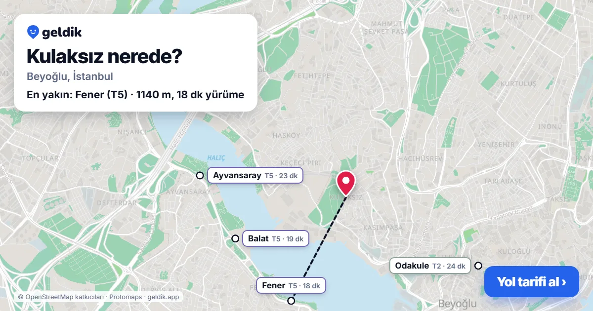 Kulaksız nerede: haritada Kulaksız (Beyoğlu) ve en yakın istasyonlar, yürüme süresiyle