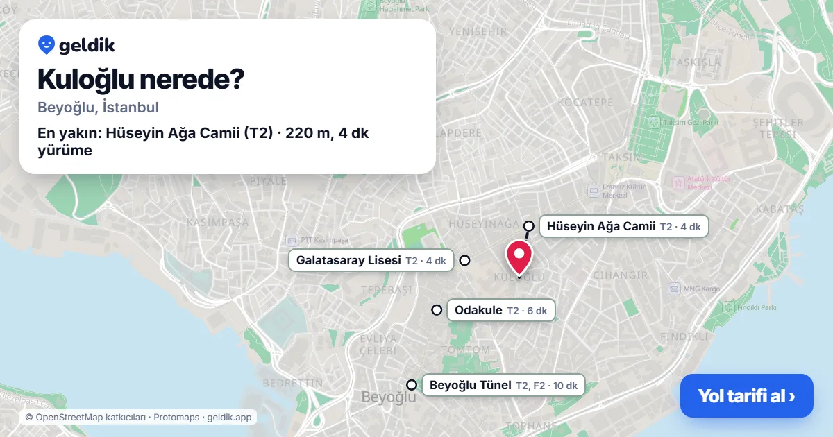 Kuloğlu nerede: haritada Kuloğlu (Beyoğlu) ve en yakın istasyonlar, yürüme süresiyle