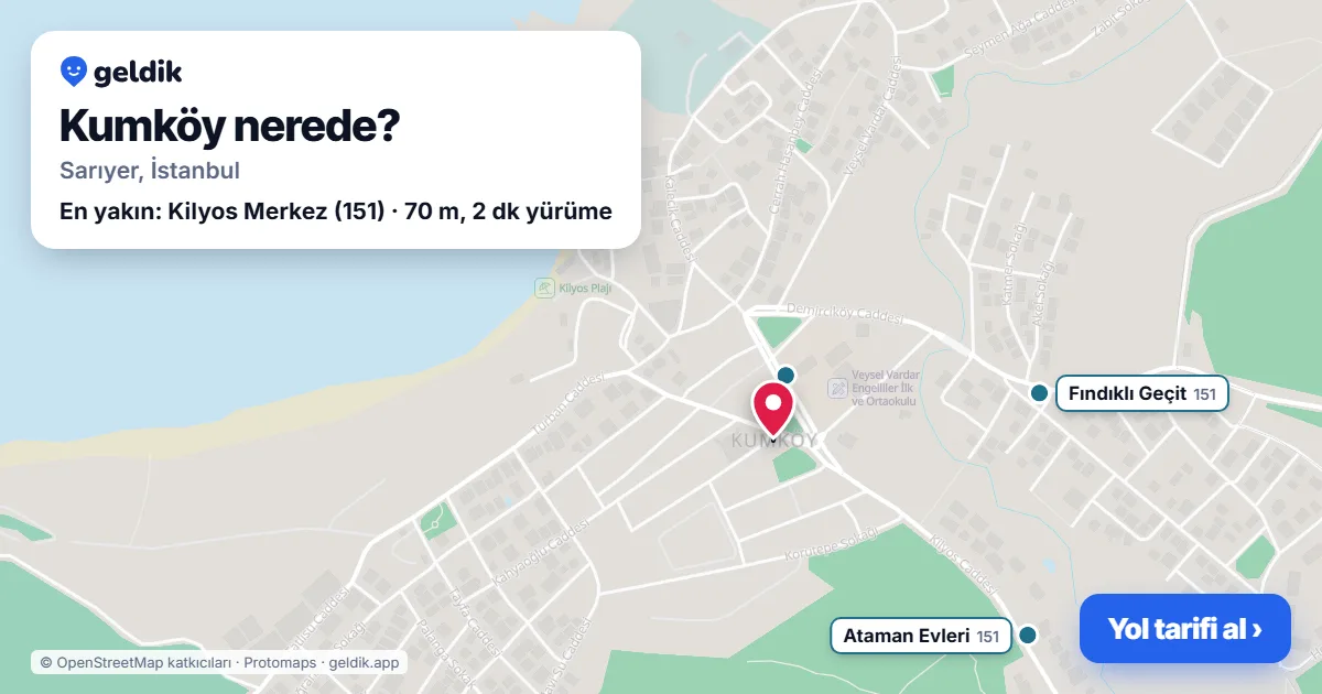 Kumköy nerede: haritada Kumköy (Sarıyer) ve en yakın otobüs durakları, yürüme süresiyle