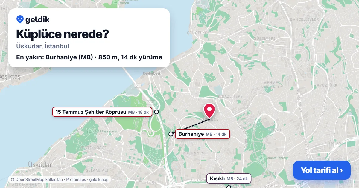 Küplüce nerede: haritada Küplüce (Üsküdar) ve en yakın istasyonlar, yürüme süresiyle