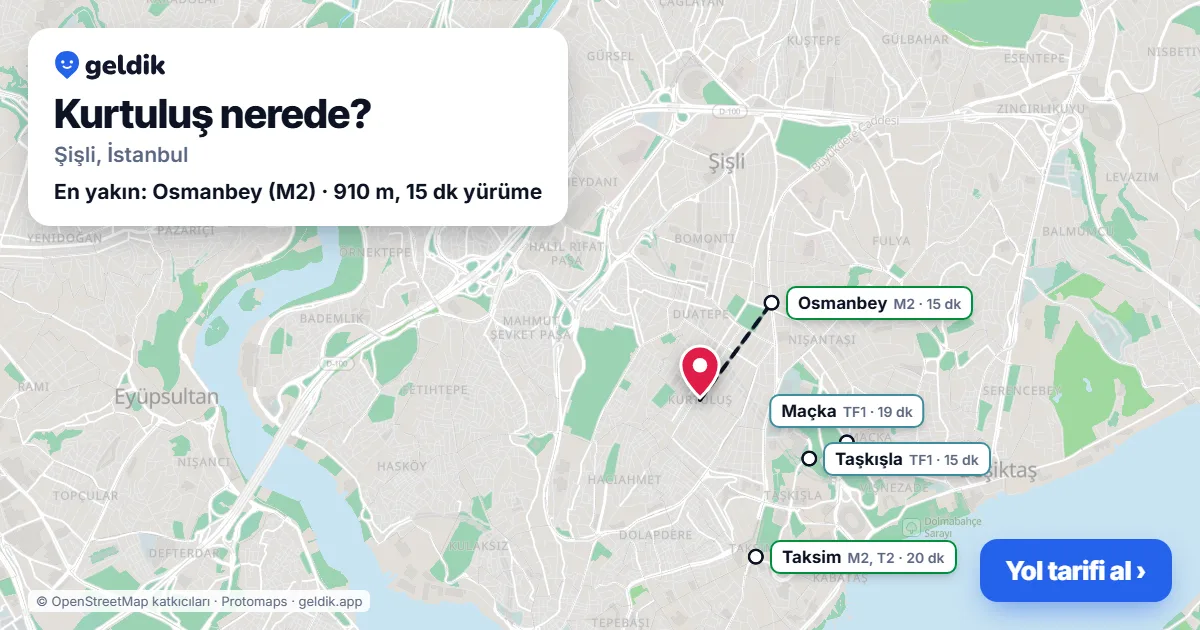 Kurtuluş nerede: haritada Kurtuluş (Şişli) ve en yakın istasyonlar, yürüme süresiyle