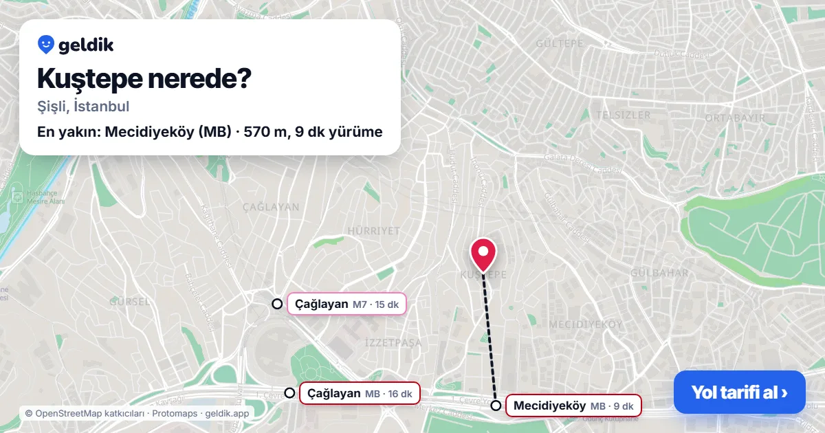 Kuştepe nerede: haritada Kuştepe (Şişli) ve en yakın istasyonlar, yürüme süresiyle