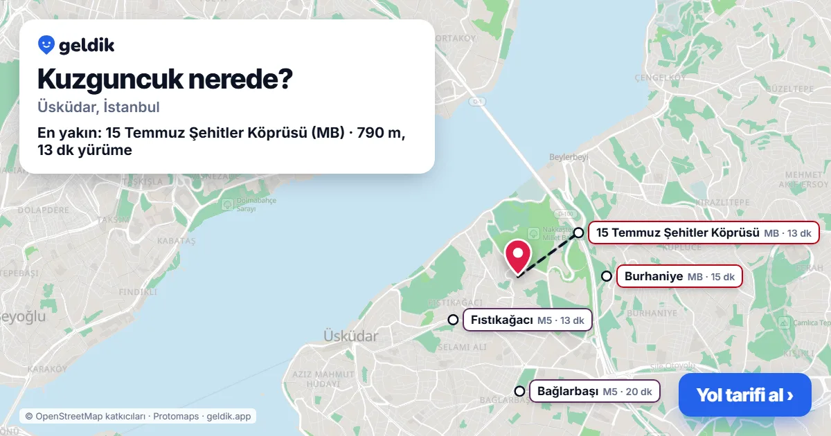 Kuzguncuk nerede: haritada Kuzguncuk (Üsküdar) ve en yakın istasyonlar, yürüme süresiyle
