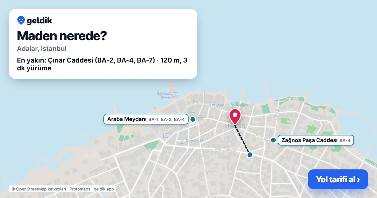 Maden nerede: haritada Maden (Adalar) ve en yakın otobüs durakları, yürüme süresiyle