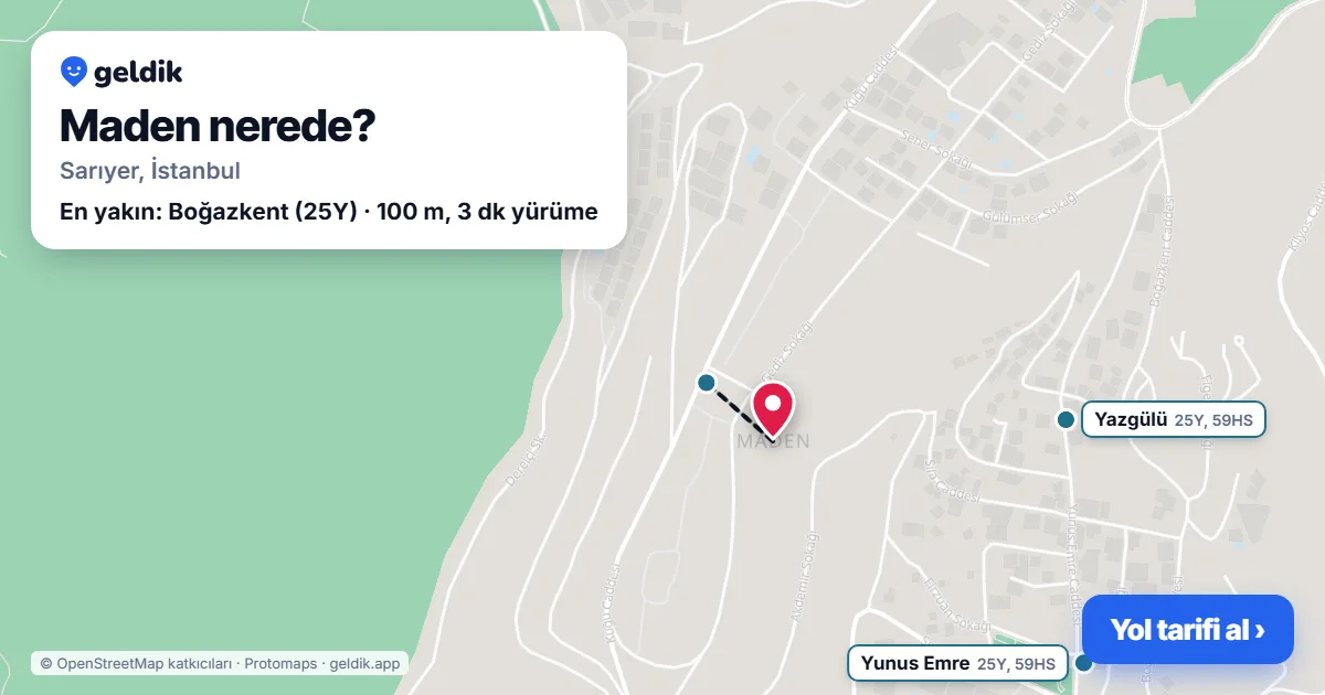 Maden nerede: haritada Maden (Sarıyer) ve en yakın otobüs durakları, yürüme süresiyle